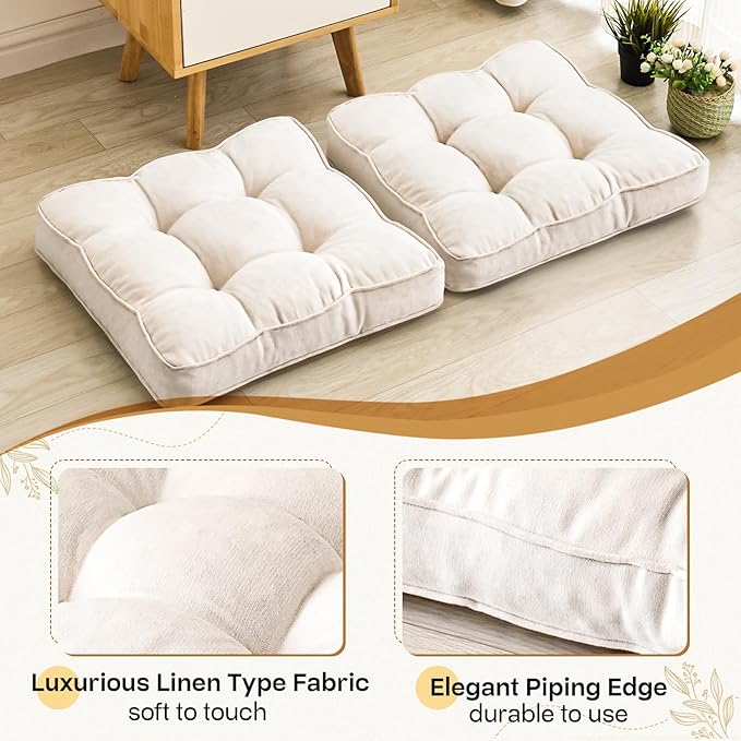 1 MIDDLE ONE Floor Pillow Set of 2, Memory Foam Floor Cushions for Adults, Large Meditation Pillow for Sitting, 22 x 22 Inches (Square | Beige)