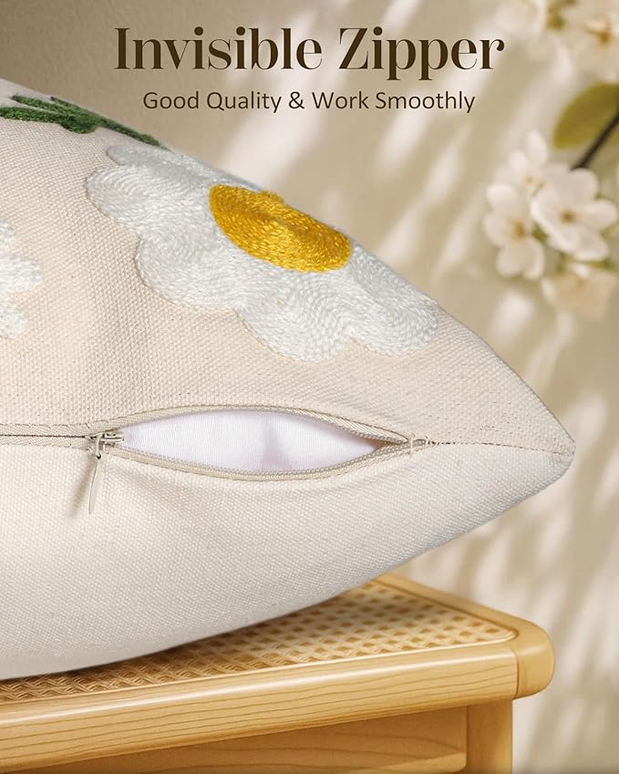 Embroidered Throw Pillow Cover 20x20 Inch - Spring Summer Boho Decorative Pillow Cover with Zipper for Living Room Couch Sofa Bed Aesthetic Design Flower Bee Cushion Pillowcase