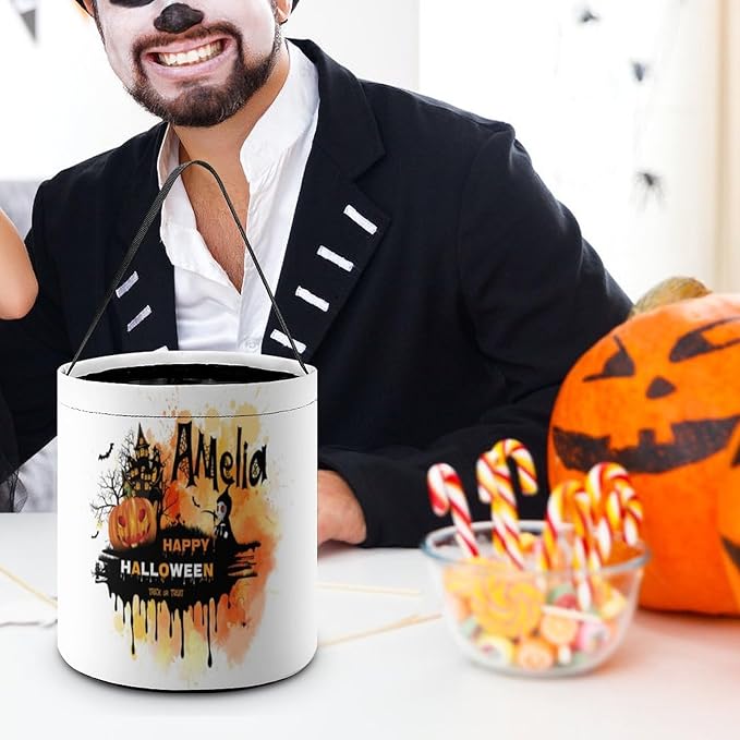 Personalized Halloween Trick or Treat Candy Bag with Name Custom Text Party Tote Bucket Halloween Candy Basket Gift (Bag-10)