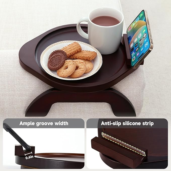 Couch Arm Tray Table,Bamboo Sofa Side Tables Clip-on Couch with 360° Phone Holder,Foldable Sofa Armrest Tray for Eating,Drink, Snacks, Coffee, TV,Remote