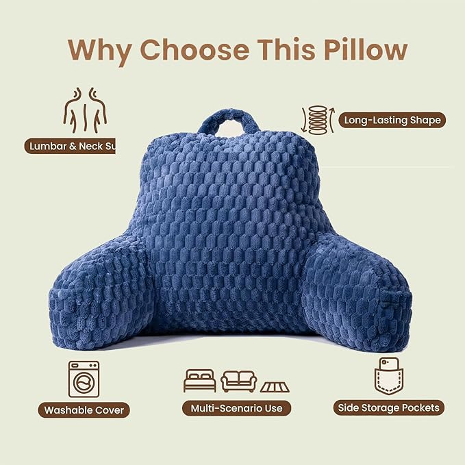 Faux Fur Reading Pillow for Bed Adults, Ultra Soft Plush Floor Backrest Pillow with Side Pockets for Bed & Couch, Perfect for Reading, Watching TV, Gaming, Relaxing, Blue