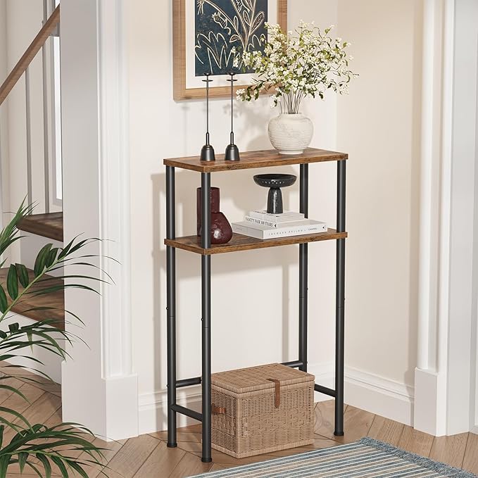 Asgolion Narrow Console Table, 15.7" Small Entryway Table, 2-Tier Sofa Table with Storage, Skinny Console Tables for Entryway, Hallway, Bedroom, Living Room, Foyer, Rustic Brown