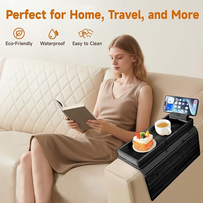 Bamboo Sofa Arm Tray – 2-in-1 Magnetic Detachable Couch Cup Holder & Armrest Table with Anti-Slip Pad, Convenient Tray for Drinks, Snacks & More,Black