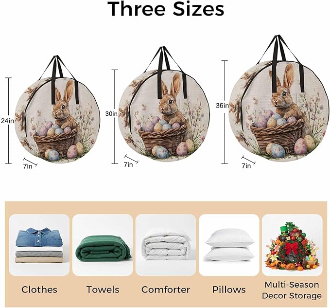 36 Inch Round Storage Bag 1 Pack,Rabbit Easter Egg Basket on Linen Waterproof Wreath Storage Container with Handles&Zipper Colorful Spring Flower Closet Organizer Bags Garland Box
