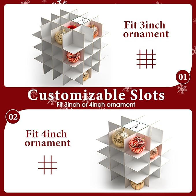 BlessedSeason Christmas Ornament Storage Box With Adjustable Dividers, Store up to 64 of 3-inch or 36 4-inch Christmas Ornaments, Xmas Ornaments Storage with Zippered Closure & Two Handles, 2 Pcs
