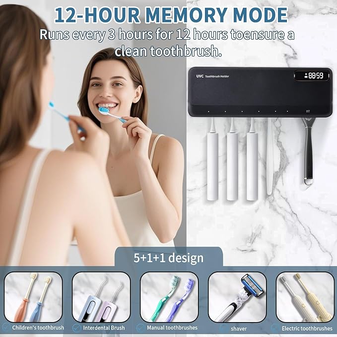 ZOZOO UV Toothbrush Sanitizeri Holder with 99.9% Cleaning,Air Dry,Heating,5+1+1 Slots,12 Hour Memory,Rechargeable Wall Mounted Strong Adhesive Toothbrush Holder with Cover for Bathroom(Black)