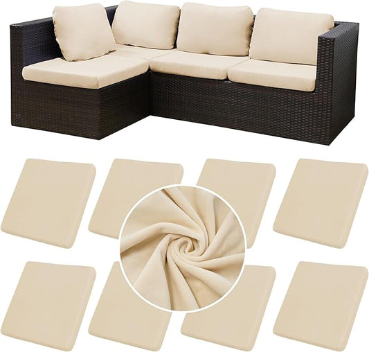 BIETYONE 8Pcs Stretch Velvet Patio Cushion Cover,Fluffy,for Fall Outdoor Couch Cushion Cover Replacement,Washable Indoor Outdoor Cushion Slipcovers(Beige,Cover Only)