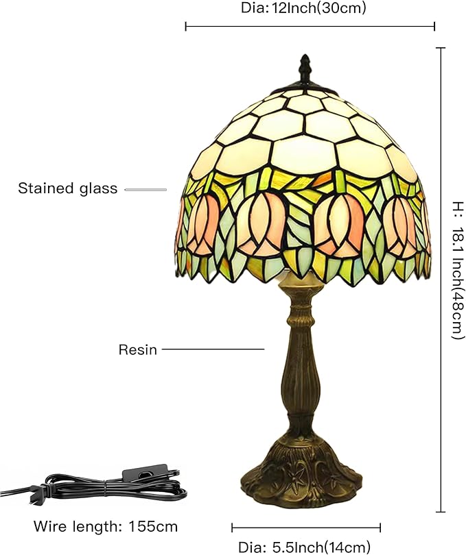 Tiffany Lamp Stained Glass Lamp Pink Tulip Bedroom Table lamp Reading Desk Light for Bedside Living Room Office Dormitory Dining Room Decorate Housewarming Gift 12X12X18 Include Light Bulb
