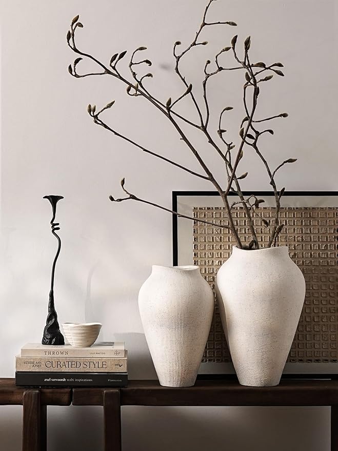White Ceramic Vase - Large 13.6 Inch Tall Floor Vase for Centerpieces, Farmhouse Flower Vases, Rustic Minimalist Home Decor for Living Room, Enterway, Wedding (Sandstone White)