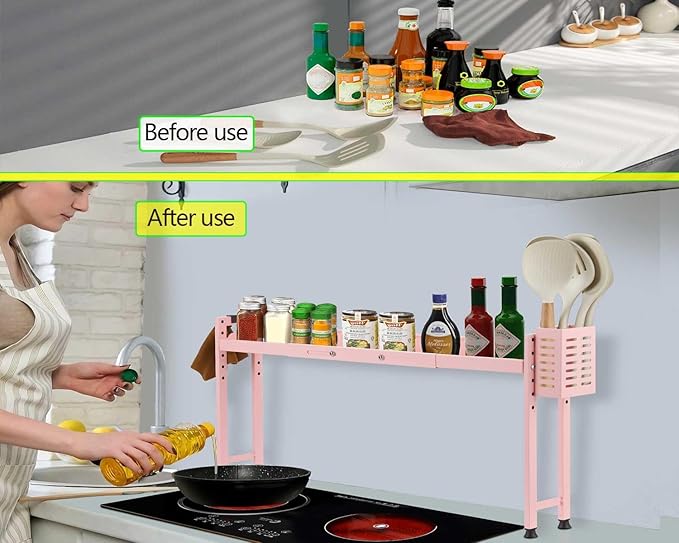 Horynar Over Stove Shelf Stove Top Organizer Shelf for Kitchen with Extra Basket and Hooks Adjustable 27 to 32 Inches Pink Over the Sink Spice Rack for Countertop (Pink)