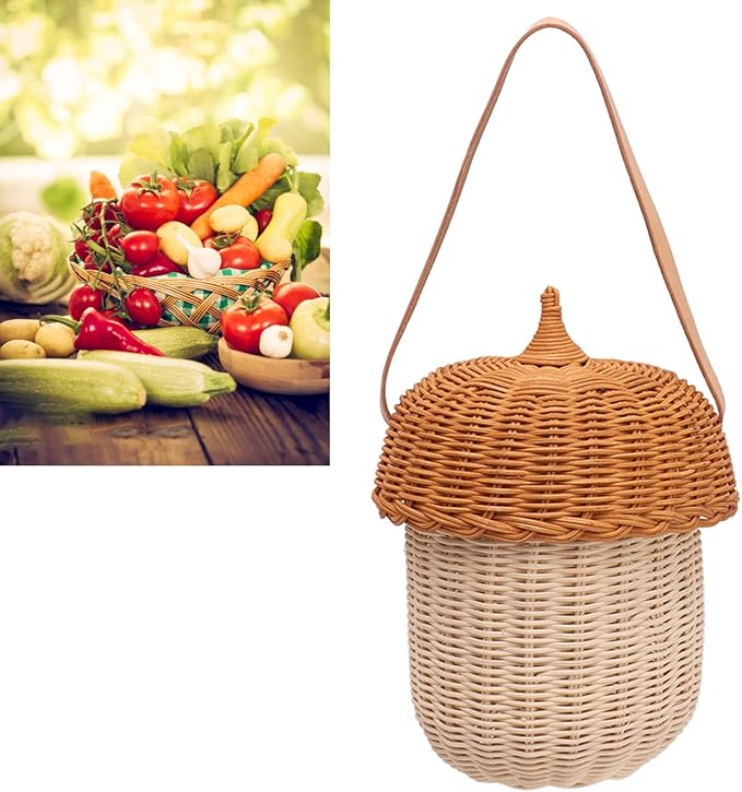 Hanging Baskets Rattan Storage Basket Handmade Photography Props Acorn Shaped Home Decorative for Girls Rattan Basket Bag Kids (Large Handbag)