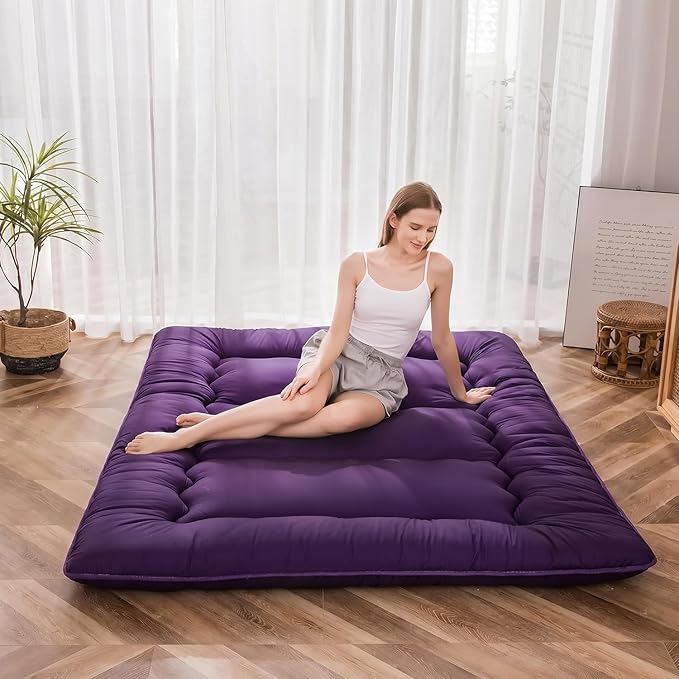 MAXYOYO Japanese Floor Futon Mattress, Roll Up Floor Mattress for Adults Foldable Tatami Mat Sleeping Pad Dormitory Couch Lounger, Purple, Twin Size