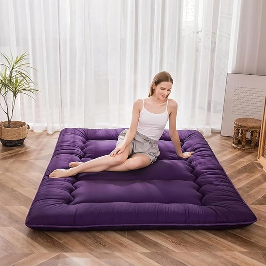 MAXYOYO Japanese Floor Futon Mattress, Roll Up Floor Mattress for Adults Foldable Tatami Mat Sleeping Pad Dormitory Couch Lounger, Purple, Queen Size