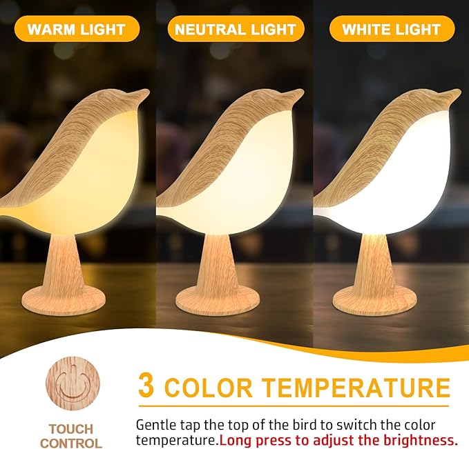 Deogos 2 Cute Bird Lamps Combo,Small Bedside Lamps with 3 Color Temperature and Adjustable Brightness,Rechargeable Cordless Lamp for Bedroom Nightstand Bedside Table (Wood Tone + Red)