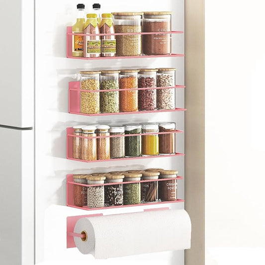 Magnetic Spice Rack For Refrigerator Magnetic Fridge Shelf For Kitchen Spice Organizer Magnetic Shelf For Fridge Space Saving Pink 4 Pack With Magnetic Paper Towel Holder