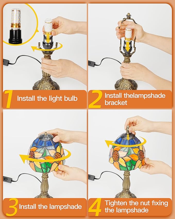 Tiffany Style Table Lamp, 6 Inch Sunflower Stained Glass Lamp, Small Antique Bedside Night Lamp for Bedroom, Living Room, Office, Included LED Bulb