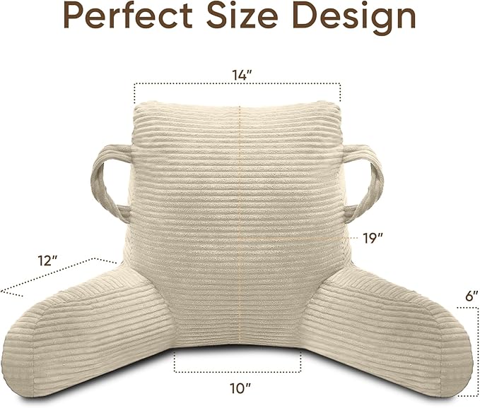 Reading Pillow for Sitting in Bed Adult, Bed Reading Pillow with Shredded Memory Foam, Back Pillow for Sitting with Arms and Pockets, Beige
