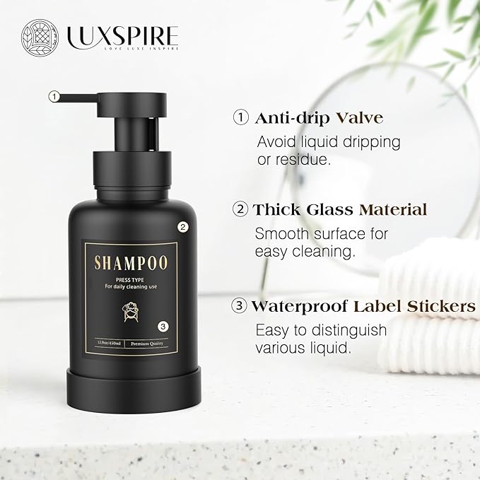 Luxspire Foaming Soap Dispenser, Glass Foam Pump Soap Dispenser, Non-Slip Hand Soap Bottle with 5 Waterproof Labels, 15 Oz Refillable Liquid Soap Bottle for Bathroom & Kitchen, Black, 2 Pack