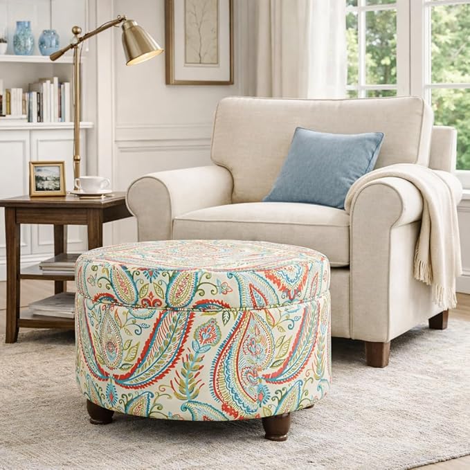 Homepop Home Decor | Upholstered Round Storage Ottoman | Ottoman with Storage for Living Room & Bedroom, Bold Paisley