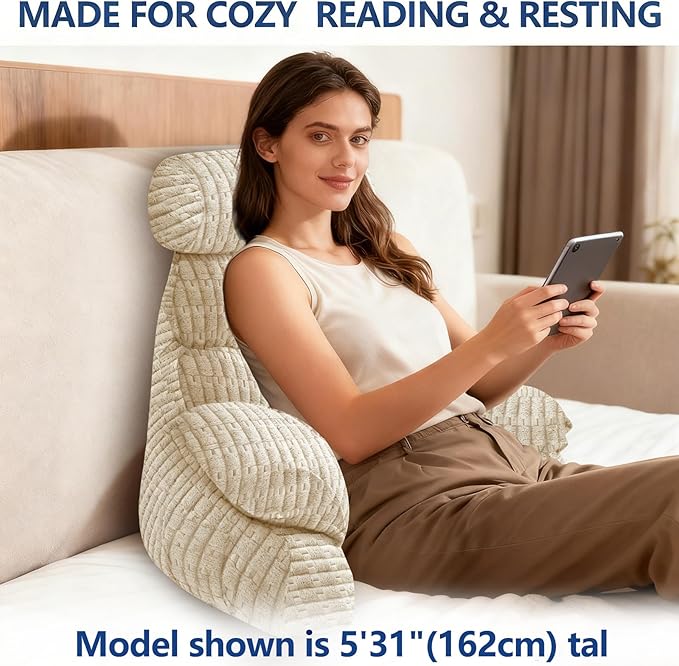 FXXUDVNIIN Back Pillow for Bed Sitting up – with 9.4" Armrest, for Reading, Gaming, Relaxing. Also Serves as tv Pillows for Sitting in Bed, Floor Pillow & Back Support for Adults.