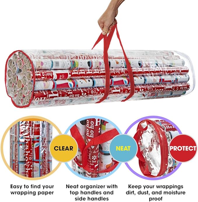 ProPik Christmas Gift Wrap Storage Bag, Clear Organizer Fits Up to 24 Rolls 40 Inch, Heavy Duty PVC Bag with Handles and Zippered Top for Wrapping Paper and Ribbons (Red trimming)
