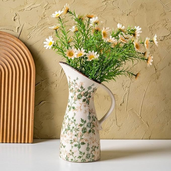 for Mom from Daughter or Son, Vintage Ceramic Pitcher Vase with Handle 10.5”, Green Farmhouse Floral Vase, Chinoiserie Rustic Decor for Living Room, Bookshelf, Office