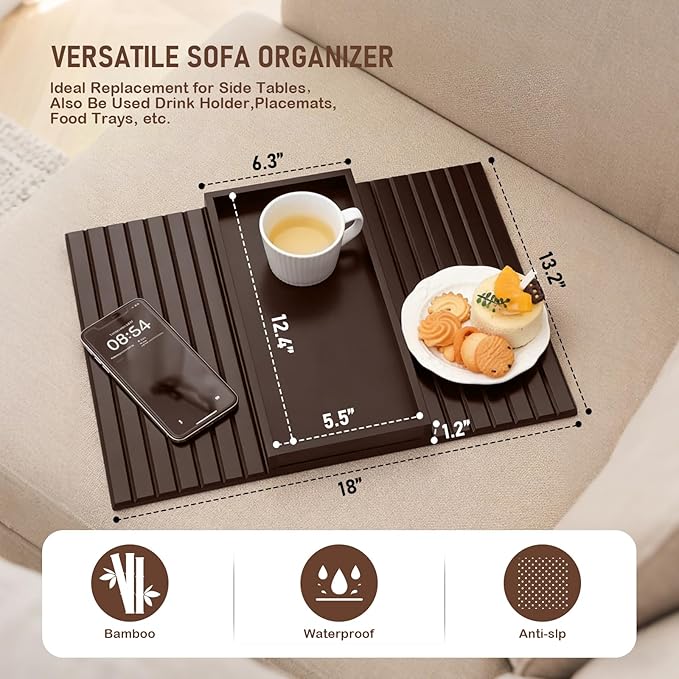 Bamboo Sofa Arm Tray Table, Foldable Couch Arm Tray Side Table, Anti-Falling Armrest Tables Cup Holder for Snacks, Couch Armrest Organizer, Serving Tray for Snacks and Drinks (Brown)