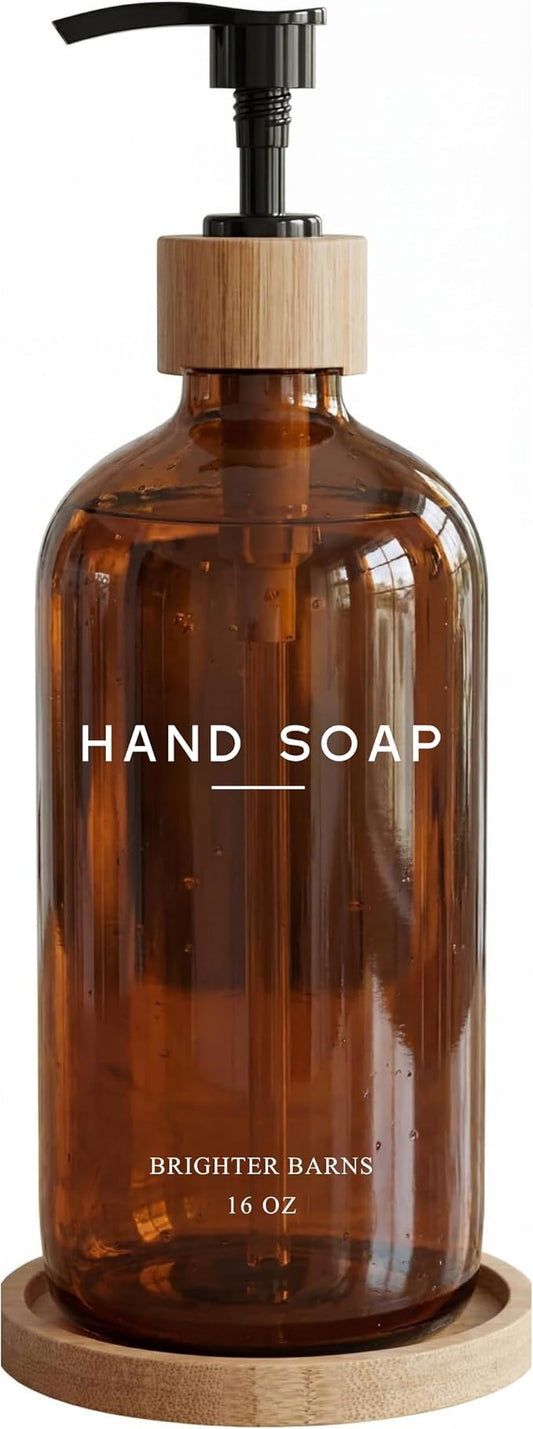 Amber Glass Hand Soap Dispenser Bathroom Set by Brighter Barns - Hand Soap Dispenser for Kitchen Sink & Bathroom - Bamboo Glass Bottle with Tray - Modern Home Decor for Spa, RV, Fitness Center (Amber)