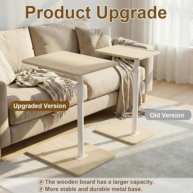YUHFERA Sofa Armrest Tray Table for Couch - 360 Swivel Height Adjustable End Table for Small Spaces, Snack Side Table for Bed or Chair with Phone & Tablet Slot (Oak, Enlarged)