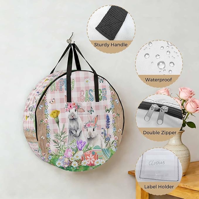 24 Inch Round Storage Bag 2 Pack,Spring Farm Easter Bunny and Flowers Waterproof Wreath Storage Container with Handles&Zipper Pink Buffalo Plaid Wood Grain Closet Organizer Bags Garland Box