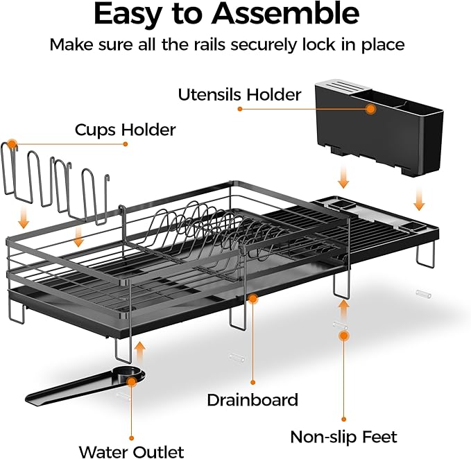 Delamu Stainless Steel Dish Drying Rack, Expandable Dish Drainer, Anti-Rust Large Dish Racks for Kitchen Counter, Dish Strainers with Drainboard, Utensil Holder & Cup Holder, Black