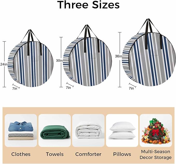 Storage Bag Navy Blue Stripes Round Storage Totes Bins Closet Organizers with Zippers & Handle Grey Striped Lines Clothes Storage Container for Bedroom Dorm Space Saving Packing Supplies Moving Bags