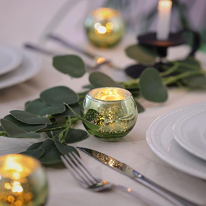 LAMORGIFT 12 Pcs Green Candle Holder for Wedding Decor- Sage Green Mercury Glass Votives for Bridal Shower, Tea Party Table Centerpieces, Vintage Rustic Wedding