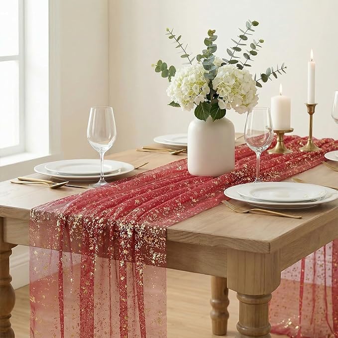 Artoid Mode Red Gold Gauze Table Runner 59x120 Inch 10FT, Glitter Metallic Foil Sheer Dining Wedding Anniversary Holiday Table Decor for Home Party
