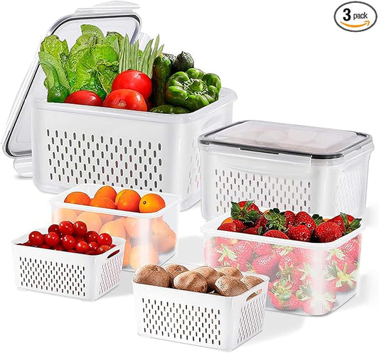 3Pcs Fruit Containers for Fridge with Removable Colanders and Lids, Airtight Storage Container to Keep Fruits, Vegetables, Berry, Meat Fresh Longer, Dishwasher & Microwave Safe