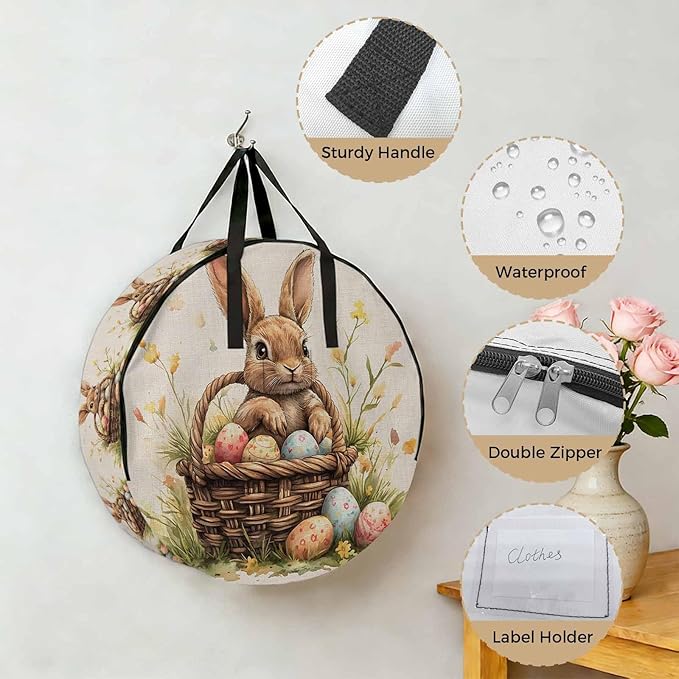 36 Inch Round Storage Bag 1 Pack,Watercolor Bunny Easter Egg Flower Waterproof Wreath Storage Container with Handles&Zipper Farm Grass Basket on Flax Closet Organizer Bags Garland Box