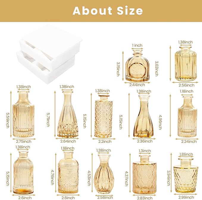 TBWIND Gold Amber Glass Bud Vases Set of 12, Small Vases for Flowers, Champagne Mini Vintage Vases for Centerpieces,Bud Vase in Bulk for Wedding Decor,Single Flowers,Office and Home Table Flower Décor