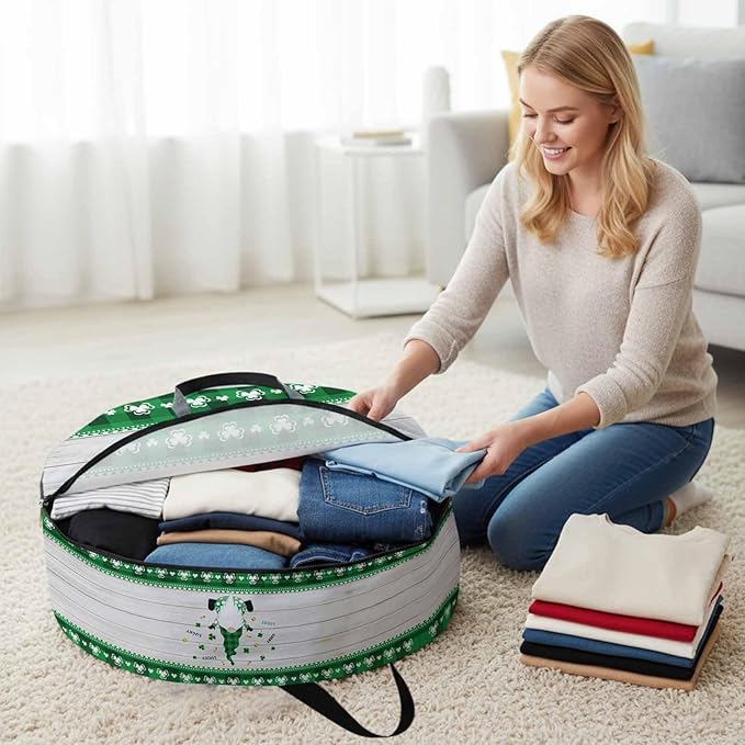 36 Inch Round Storage Bag 1 Pack,St. Patrick Irish Gnomes Wood Board Coin Waterproof Wreath Storage Container with Handles&Zipper Buffalo Tartan Closet Organizer Bags Garland Box