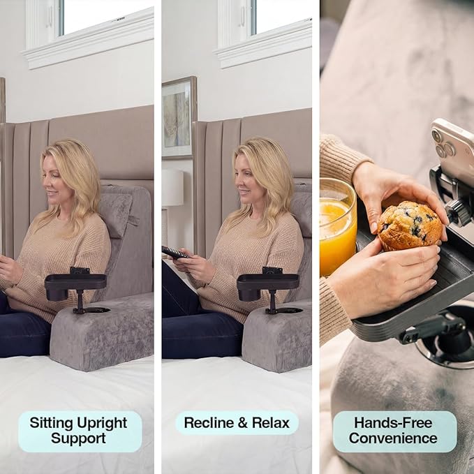 TabCouchCaddy Reading Pillow for Adults – 24” XL Memory Foam Backrest with Detachable Arms, Cup Holder, Phone Caddy & Adjustable Tray Mount | Back Pillow for Bed Sitting Up, Reading, TV & Recovery