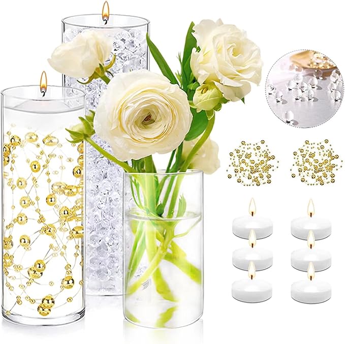 UDU 3 Set Glass Cylinder Vases for Centerpieces with 20000 Vase Filler 6 White Floating Candles 2 Pearl String for Wedding Party Home Table Decoration