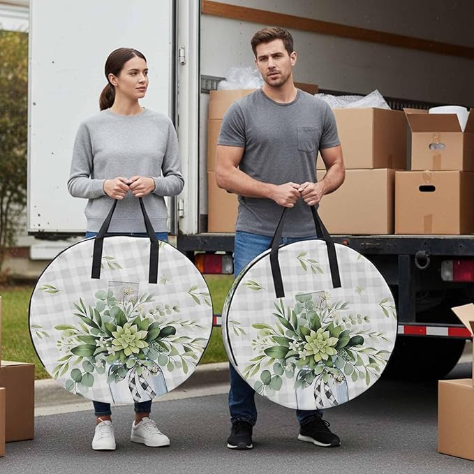 Storage Bag Eucalyptus Leaves Vase Round Storage Totes Bins Closet Organizers with Zippers & Handle Green Leaf Floral Grey Plaid Clothes Storage Container for Bedroom Space Saving Packing Supplies