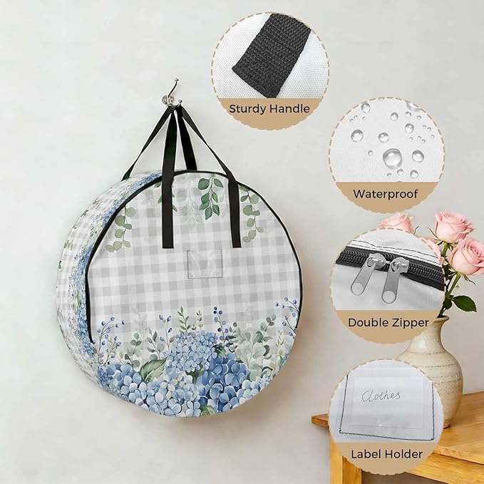 Storage Bag Blue Hydrangea Round Storage Totes Bins Closet Organizers with Zippers & Handle Green Eucalyptus Leaves Grey Plaid Clothes Storage Container for Bedroom Dorm Space Saving Packing Supplies