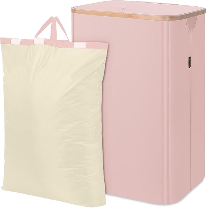 BALEINE Laundry Hamper with Lid, Tall Laundry Baskets with Bamboo Pull Handles, Large Laundry Bin with Internal Support (26 Gal/100L, Pink)