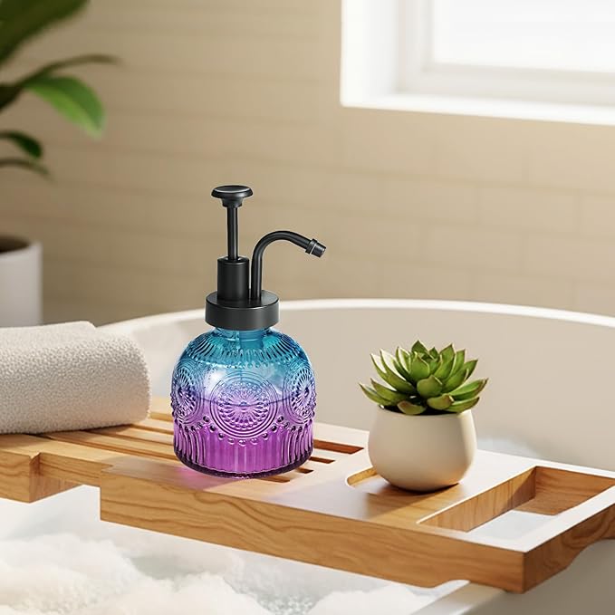SheeChung Vintage Soap Dispenser, Kitchen Dish Soap Dispensers with Pump Mat, Glass Hand Soap Dispenser for Bathroom, Liquid, Lotion, Refillable, Rustic Farmhouse Decor-Purple Blue (Black Pump, 1 pk)