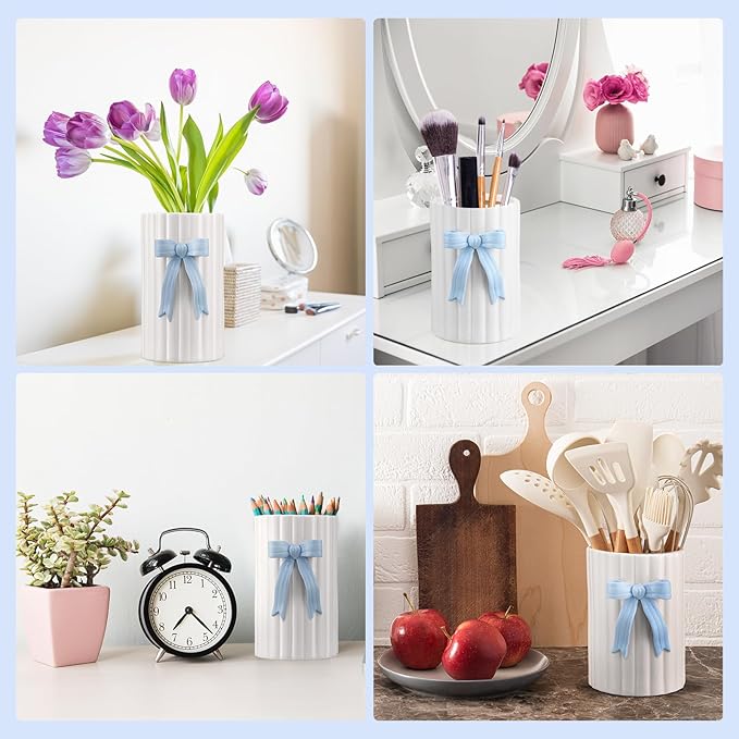 LemonRoad Blue Bow Ceramic Utensil Holder 3D Coquette Cooking Utensil Crock with Scalloped Mothers Day Kitchen Gifts Girly Aesthetic Storage Caddy Organizer Vase Decor for Kitchen Housewarming Gift