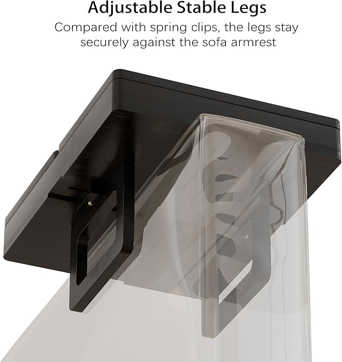 Bamboo Couch Arm Tray, 2 Rotating Trays with 360° Phone Holder & Storage Box, Black Adjustable Clip On Sofa Table for Snacks, Drinks, Fits Wide Armrests (Up to 10")