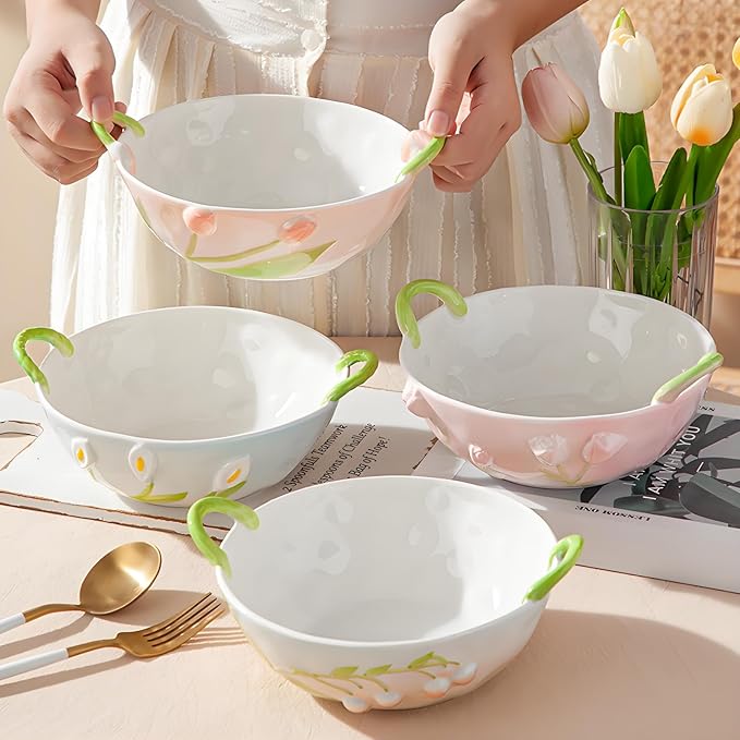 Ceramic Fruit Bowl with Handles, 3D Hand-Painted Lily of the Valley Floral Design Serving Bowl for Soup, Pasta, Salad and Snacks, 24oz, Microwave & Dishwasher Safe