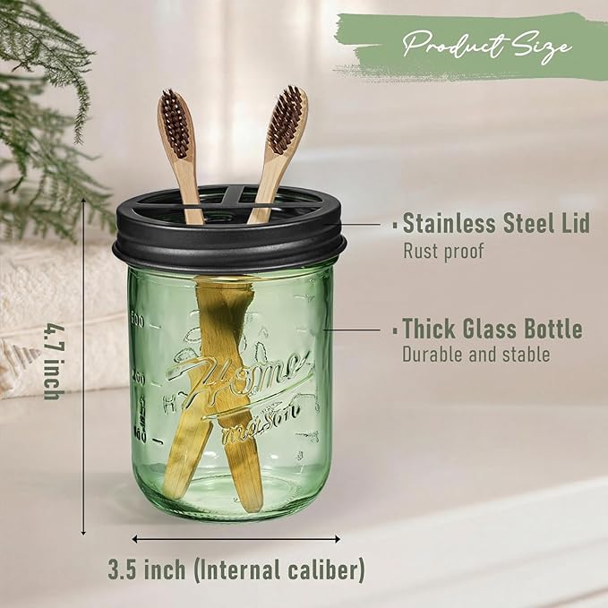 SheeChung Mason Jar Toothbrush Holder, Green Glass Toothbrush Holder for Bathroom Countertop Organizer, Stainless Steel Lid, Electric Toothbrush Toothpaste Holder Storage, Black Bathroom Accessories
