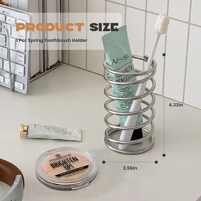 Spring Toothbrush Holder, Stainless Steel Spring Shaped Desktop Toothbrush Holder, Multifunctional Pen Holder Makeup Brush Toothbrush Storage for Bathroom Tabletop Dressing Table and Sink (Silvery)