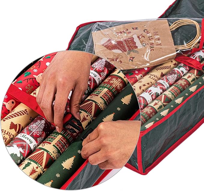Wrapping Paper Organizer Storage Container,Christmas Storage Organizer,Xmas Gift Wrap Organizer With Pockets,Under Bed Storage Bag,Supplies Pockets for Xmas Accessories (Black)